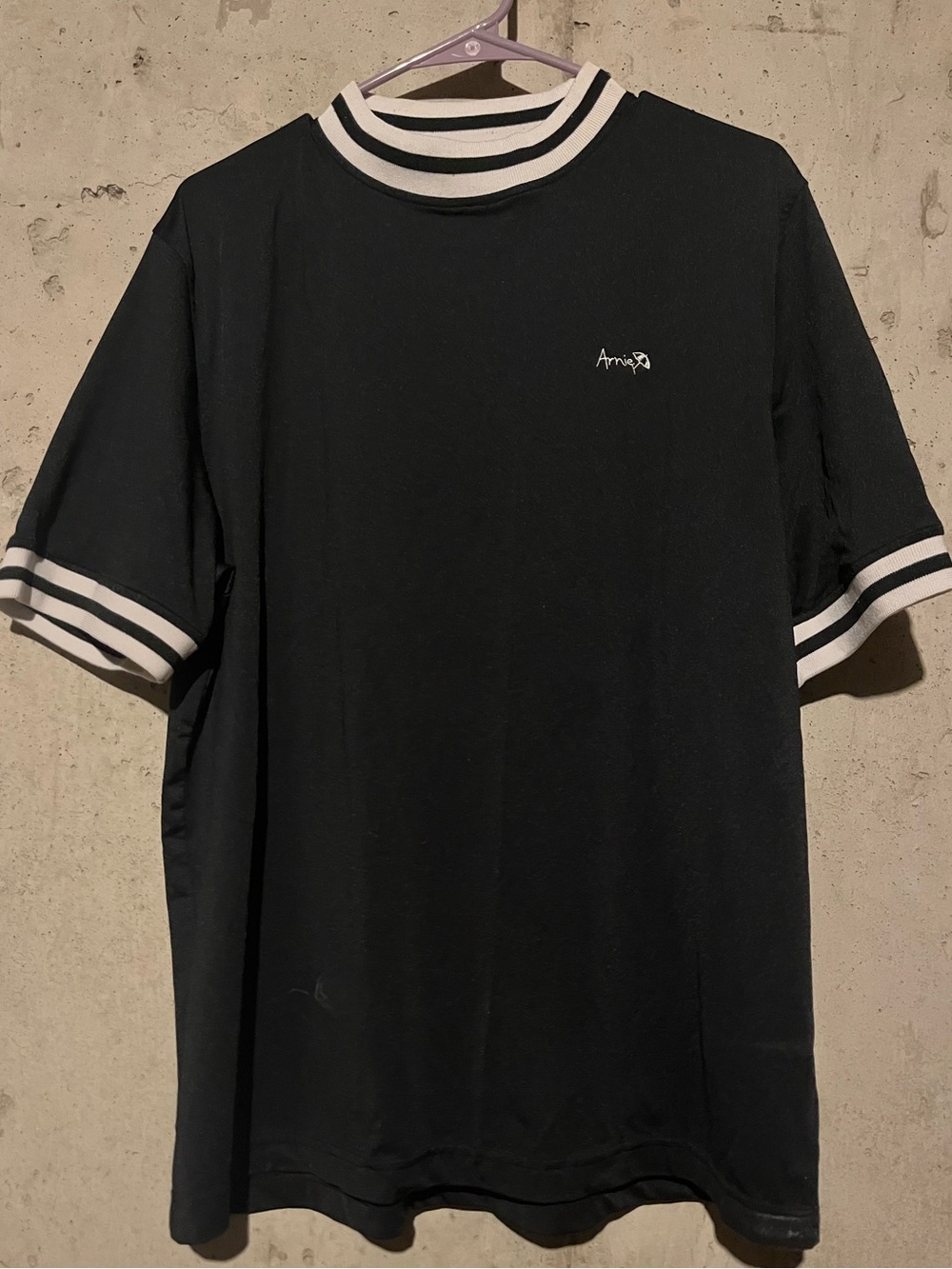 Black Short-Sleeve Tee with White Stripe Collar and Cuffs